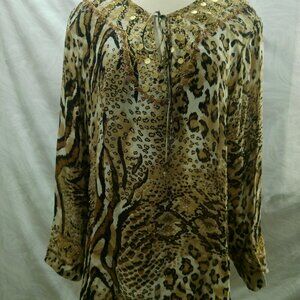 Victor Costa Occasion Silk Tunic Embellished Animal Print Plus Size 1X